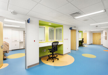 A child-friendly, colorful hospital reception area