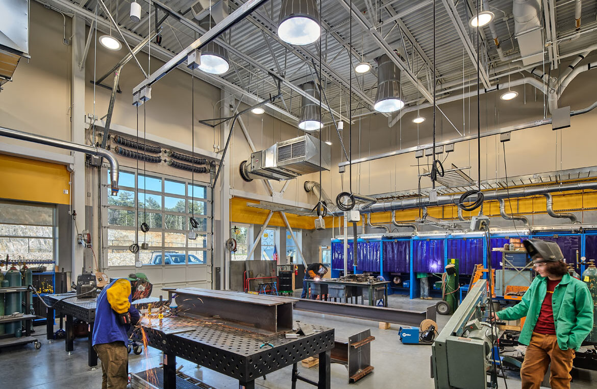 A photo of the welding shop at Morse High School and Bath Regional Technical and Career Center