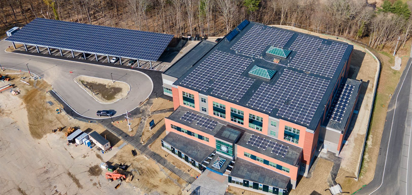 Aerial view of Oyster River Middle School and Solar Panels
